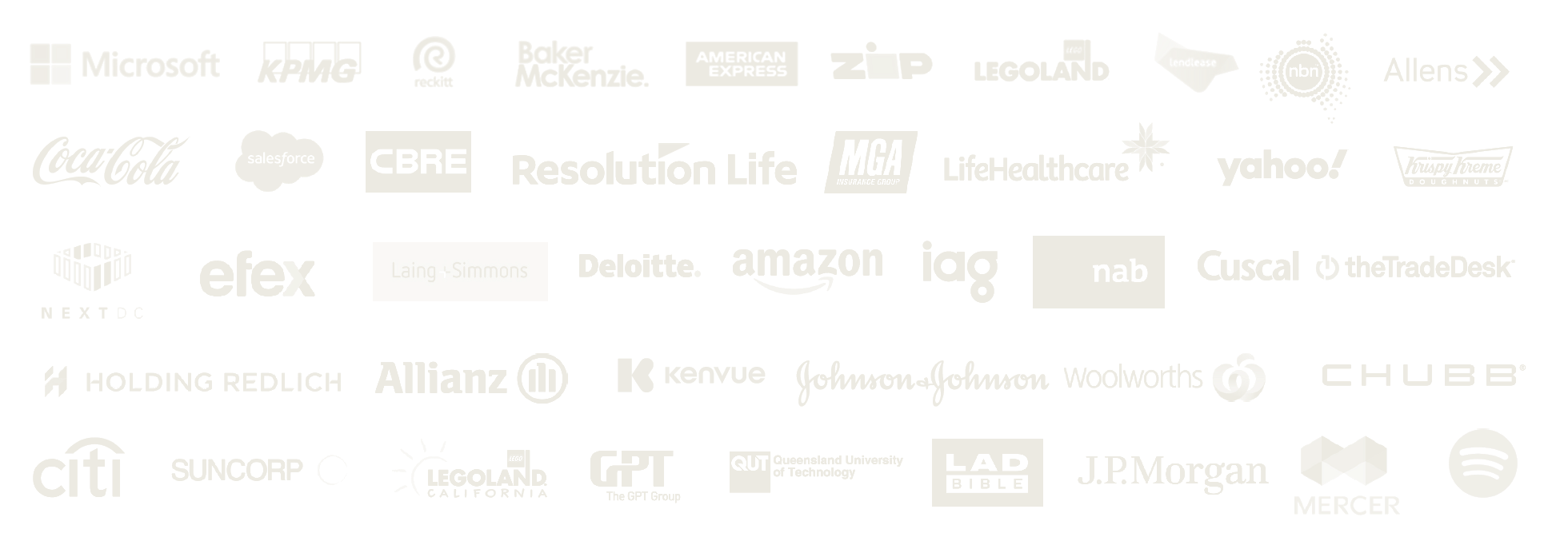 Client logos including KPMG, Microsoft, Lendlease and American Express